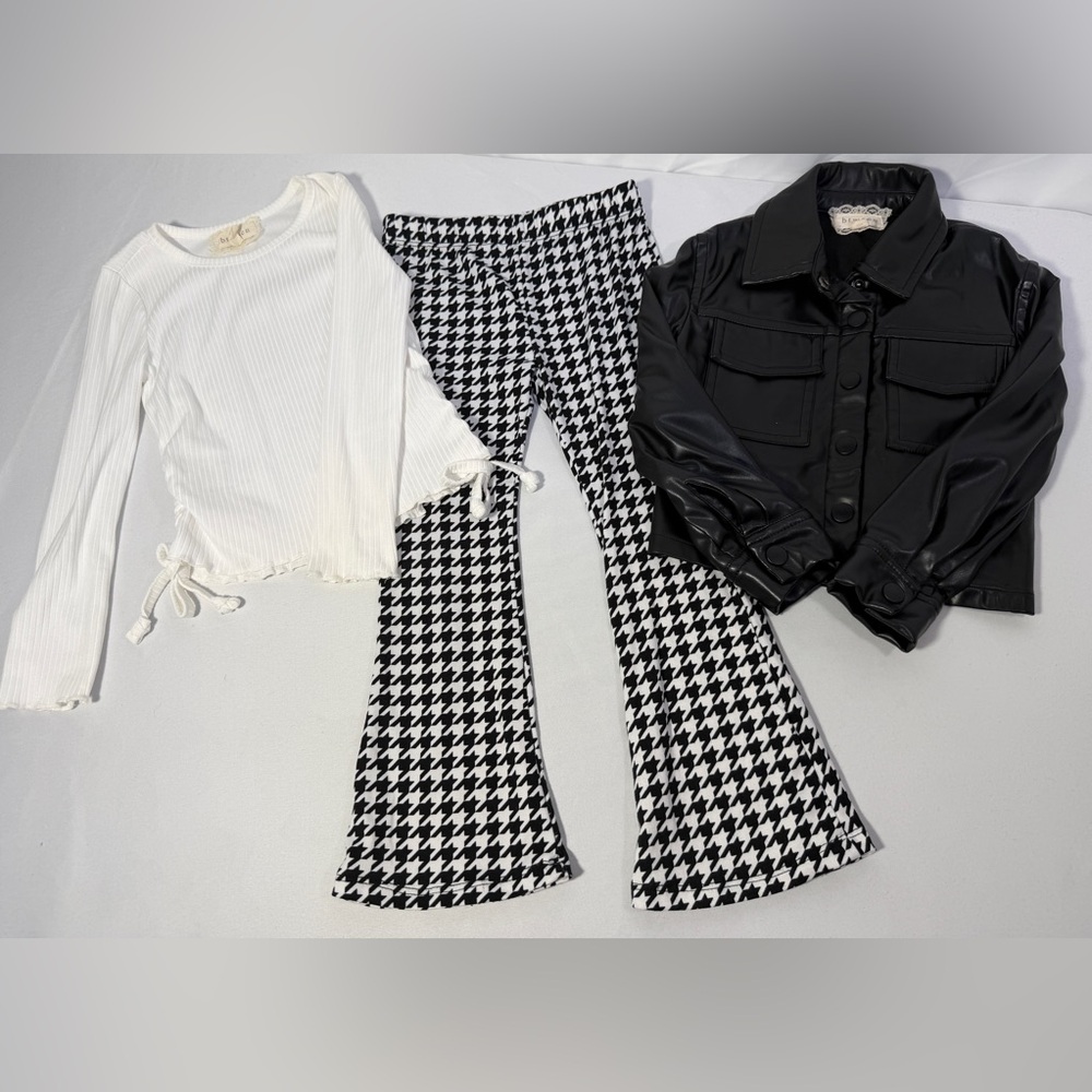 Btween Girls Set 4T Houndstooth Flare Pants Ribbed Top Faux Leather Jacket 3pc